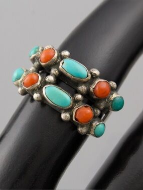 Vintage Native American Turquoise and Coral Sterling Silver Ring Size 6.5